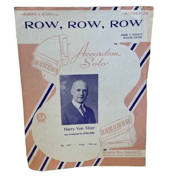 Row, Row, Row Accordion Sheet Music 1952 Easy Arrangement AMPCO Ed. 550 - Picture 1 of 6